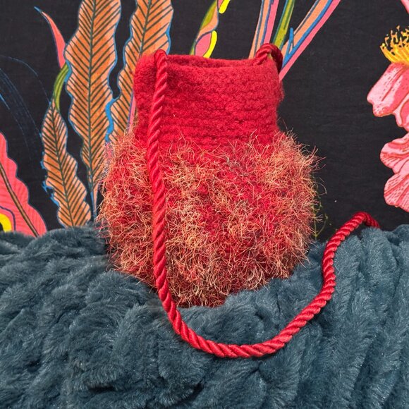 Handmade Crossbody Felted Bag, Fuzzy Eyelash Knit, Red - Picture 2 of 13